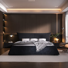 King Size Upholstered Platform Bed with Special Shaped Velvet Headboard, Metal & Solid Wood Frame,Black