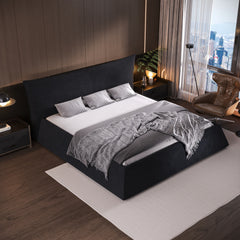 King Size Upholstered Platform Bed with Special Shaped Velvet Headboard, Metal & Solid Wood Frame,Black