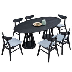 (1 Table+6 Chairs) 78.74 Inch Modern Dining Table Set of 7 pcs,Wooden Table and Chairs for Living Room,Large Kitchen Set Oval Table for Restaurant,Black