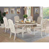 Elegant Rustic 7pc Dining Set Round Table 6x Side Chairs Ivory Fabric Upholstered Seat Antique White