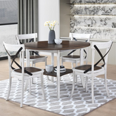 WOODHOMER 5-Piece Round Dining Set, 1 Table with 4 X-Back Chairs, Two-Tone Antique White & Walnut Finish, Space-Saving Kitchen & Dining Furniture
