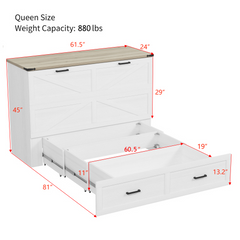 Queen Size Farmhouse Murphy Cabinet Bed with Charging Station, Foldable Platform Bed with Large Storage Drawer for Guest-Room, Small Bedroom, White