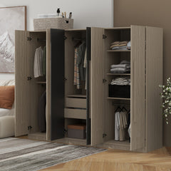 6-Doors Wooden Wardrobe Storage for Bedroom,with 2 Drawers Inside,Black+Nature