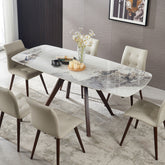 1+6 Retractable Imitation Sintered stone Table Expandable 55.12" to 78.74" + Seats 6 Person Heat Resistant Scratch proof Heavy Duty Carbon solid wood Base for Home Kitchen Living Room Chanel Table1+