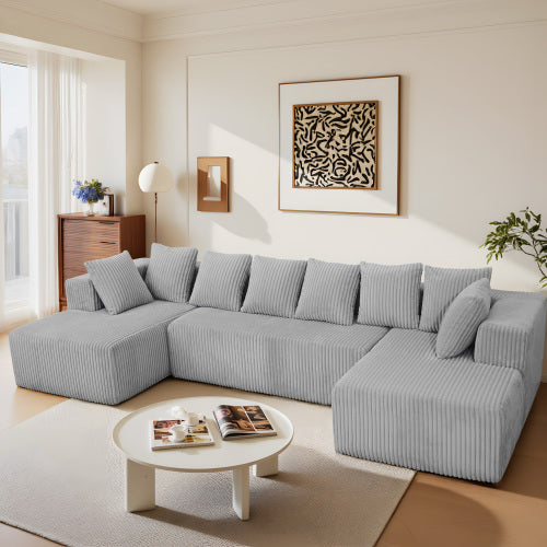130" Boneless Couch, Cloud Couch Sectional, Corduroy Sofa for Living Room, U Shaped Modular Sofa with Chaise, No Assembly, 4 Seats Oversized (Grey)