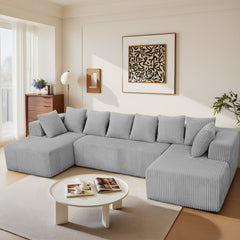 130" Boneless Couch, Cloud Couch Sectional, Corduroy Sofa for Living Room, U Shaped Modular Sofa with Chaise, No Assembly, 4 Seats Oversized (Grey)
