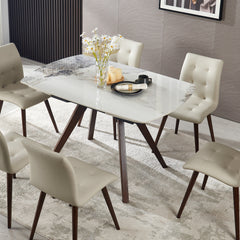 1+6 Retractable Imitation Sintered stone Table Expandable 55.12" to 78.74" + Seats 6 Person Heat Resistant Scratch proof Heavy Duty Carbon solid wood Base for Home Kitchen Living Room Chanel Table1+
