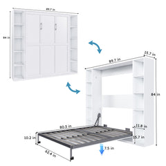 Queen Murphy bed, 89.7-inch foldable wall bed, with storage cabinet, with hardware bed frame and solid wood support strips, hidden bed frame, suitable for bedrooms, guest rooms, white
