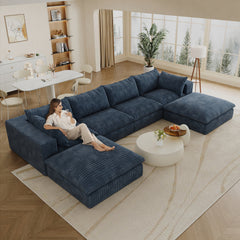 157.6"Cloud Sofa,Corduroy Fabric,Deep Seat Couches,Double-layer design,Removable Cushion,No Assembly,DIY Combination for Living room, Bedroom,Conference room ,Apartment,Blue