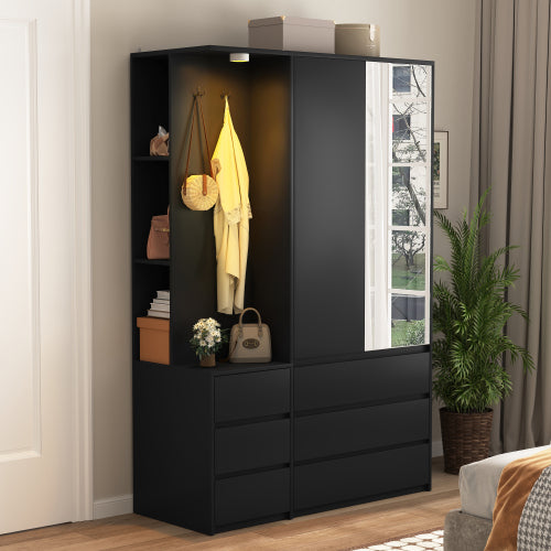 Wardrobe Closet 71.7" H, Bedroom Wooden Wardrobe with 2 Doors 6 Drawers, Modern Clothing Storage Cabinet Combination with Storage Shelves and Hanging Rail, Black