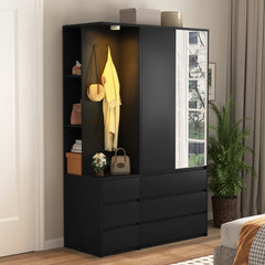Wardrobe Closet 71.7" H, Bedroom Wooden Wardrobe with 2 Doors 6 Drawers, Modern Clothing Storage Cabinet Combination with Storage Shelves and Hanging Rail, Black