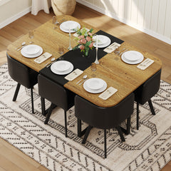 7-Piece Dining Table Set for 6, 1 Table & 6 Black Oil-Wax Faux Leather Chairs, Black & Wood Grain Melamine Table, Modern Kitchen Nook Set for Dining Room, Apartment & Small Space