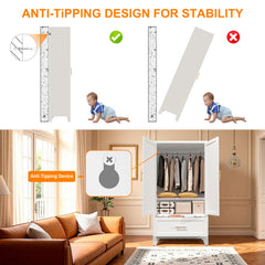 60" Tall Metal Wardrobe Cabinet with 1 Drawer and Hanging Rod, 2 Doors Wardrobe Closet with Shelf for Bedroom, Office, Laundry Room,Entryway ,Foyer,Guesthouse (White)