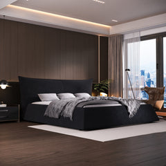 King Size Upholstered Platform Bed with Special Shaped Velvet Headboard, Metal & Solid Wood Frame,Black