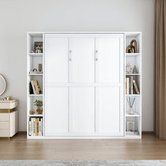 Queen Murphy bed, 89.7-inch foldable wall bed, with storage cabinet, with hardware bed frame and solid wood support strips, hidden bed frame, suitable for bedrooms, guest rooms, white