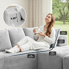 130" Boneless Couch, Cloud Couch Sectional, Corduroy Sofa for Living Room, U Shaped Modular Sofa with Chaise, No Assembly, 4 Seats Oversized (Grey)