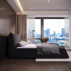 King Size Upholstered Platform Bed with Special Shaped Velvet Headboard, Metal & Solid Wood Frame,Black