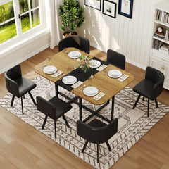 7-Piece Dining Table Set for 6, 1 Table & 6 Black Oil-Wax Faux Leather Chairs, Black & Wood Grain Melamine Table, Modern Kitchen Nook Set for Dining Room, Apartment & Small Space