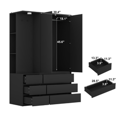 Wardrobe Closet 71.7" H, Bedroom Wooden Wardrobe with 2 Doors 6 Drawers, Modern Clothing Storage Cabinet Combination with Storage Shelves and Hanging Rail, Black