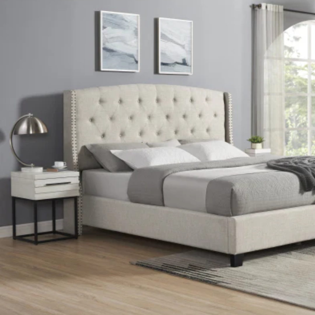 Astral 3-Piece Upholstered Bedroom Set, Tufted Wingback Bed with Two White Nightstands