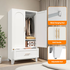 60" Tall Metal Wardrobe Cabinet with 1 Drawer and Hanging Rod, 2 Doors Wardrobe Closet with Shelf for Bedroom, Office, Laundry Room,Entryway ,Foyer,Guesthouse (White)
