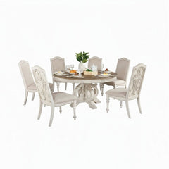 Elegant Rustic 7pc Dining Set Round Table 6x Side Chairs Ivory Fabric Upholstered Seat Antique White
