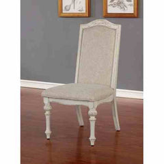 Elegant Rustic 7pc Dining Set Round Table 6x Side Chairs Ivory Fabric Upholstered Seat Antique White