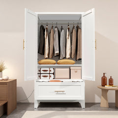 60" Tall Metal Wardrobe Cabinet with 1 Drawer and Hanging Rod, 2 Doors Wardrobe Closet with Shelf for Bedroom, Office, Laundry Room,Entryway ,Foyer,Guesthouse (White)
