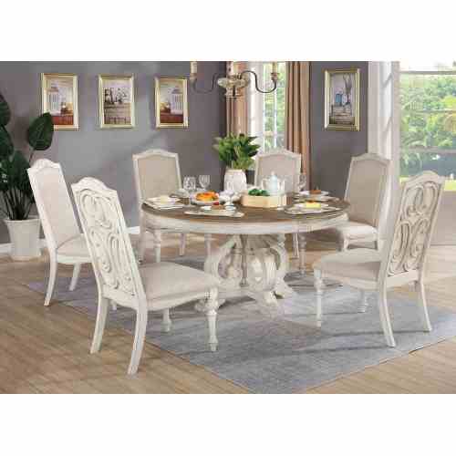 Elegant Rustic 7pc Dining Set Round Table 6x Side Chairs Ivory Fabric Upholstered Seat Antique White