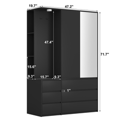 Wardrobe Closet 71.7" H, Bedroom Wooden Wardrobe with 2 Doors 6 Drawers, Modern Clothing Storage Cabinet Combination with Storage Shelves and Hanging Rail, Black
