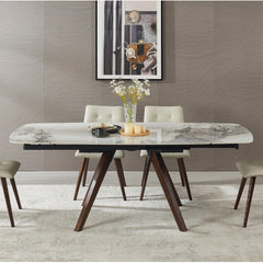 1+6 Retractable Imitation Sintered stone Table Expandable 55.12" to 78.74" + Seats 6 Person Heat Resistant Scratch proof Heavy Duty Carbon solid wood Base for Home Kitchen Living Room Chanel Table1+