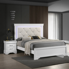 White Faux Leather Tufted HB 3pc Bedroom Set Queen Size Bed 2x Nightstands Unique Texture FB Solid wood