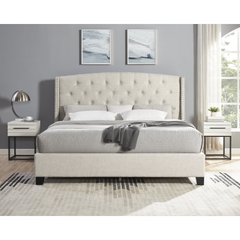 Astral 3-Piece Upholstered Bedroom Set, Tufted Wingback Bed with Two White Nightstands