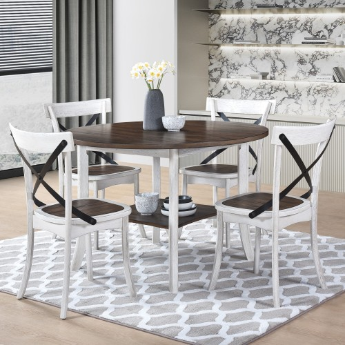 WOODHOMER 5-Piece Round Dining Set, 1 Table with 4 X-Back Chairs, Two-Tone Antique White & Walnut Finish, Space-Saving Kitchen & Dining Furniture