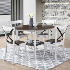 WOODHOMER 5-Piece Round Dining Set, 1 Table with 4 X-Back Chairs, Two-Tone Antique White & Walnut Finish, Space-Saving Kitchen & Dining Furniture