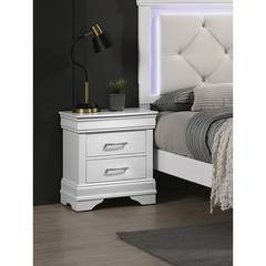 White Faux Leather Tufted HB 3pc Bedroom Set Queen Size Bed 2x Nightstands Unique Texture FB Solid wood