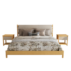 Modern Queen Bed Frame Set with 2 Nightstands, Beige Wood Platform Bed with Headboard and Matching Bedside Tables for Bedroom