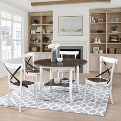 WOODHOMER 5-Piece Round Dining Set, 1 Table with 4 X-Back Chairs, Two-Tone Antique White & Walnut Finish, Space-Saving Kitchen & Dining Furniture