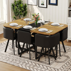 7-Piece Dining Table Set for 6, 1 Table & 6 Black Oil-Wax Faux Leather Chairs, Black & Wood Grain Melamine Table, Modern Kitchen Nook Set for Dining Room, Apartment & Small Space
