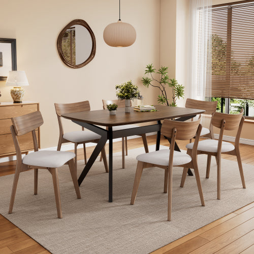 5-Pieces Upholstered Dining Set With Rubberwood Frame, Light beige+Walnut+Black