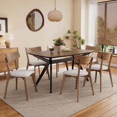 5-Pieces Upholstered Dining Set With Rubberwood Frame, Light beige+Walnut+Black