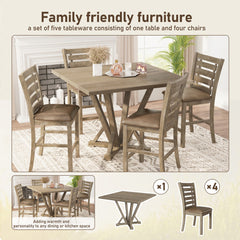 [5-Piece Counter Height Dining Set] Solid Wood Square Table with 4 Chairs, Rustic Farmhouse Style, Upholstered Seats