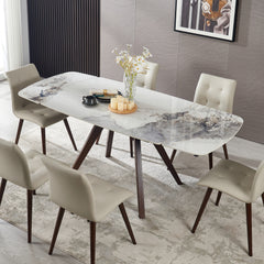 1+6 Retractable Imitation Sintered stone Table Expandable 55.12" to 78.74" + Seats 6 Person Heat Resistant Scratch proof Heavy Duty Carbon solid wood Base for Home Kitchen Living Room Chanel Table1+