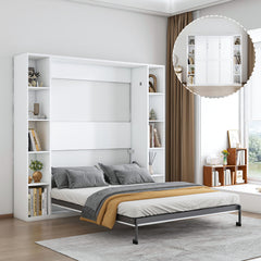 Queen Murphy bed, 89.7-inch foldable wall bed, with storage cabinet, with hardware bed frame and solid wood support strips, hidden bed frame, suitable for bedrooms, guest rooms, white
